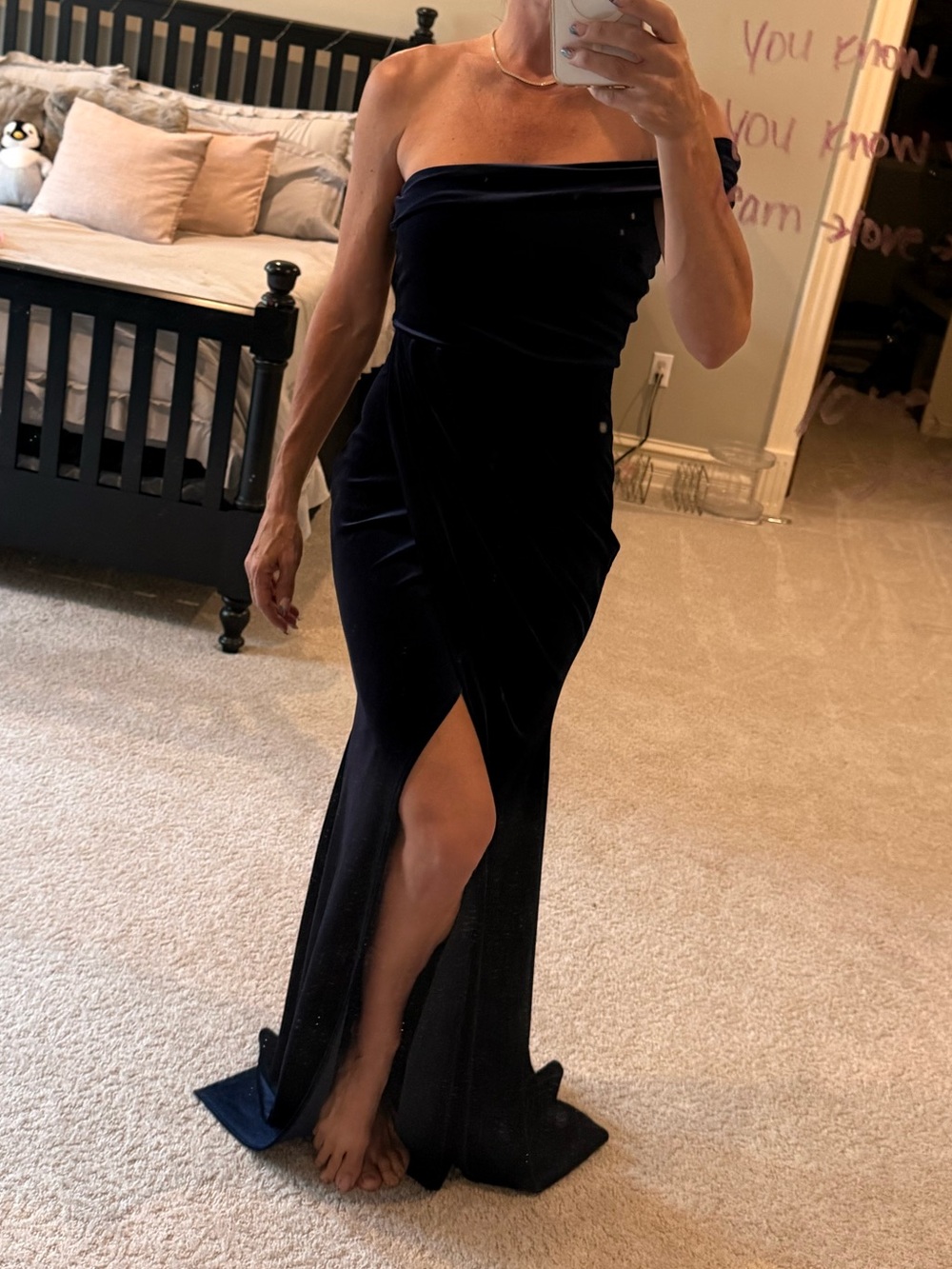 Windsor navy/dark blue velvet asymmetric off-shoulder gown with front slit